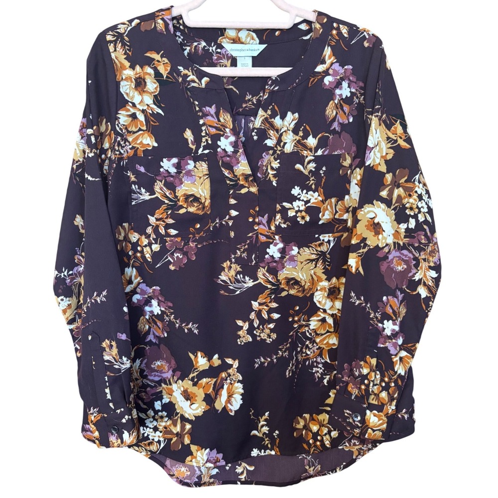 Christopher Banks‎ Floral Blouse Women Small Long Sleeve Ruffle Boho Top